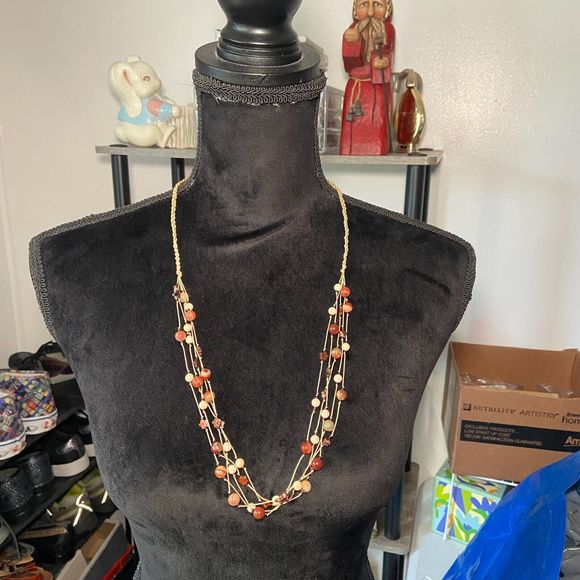 Multi Strand Braided Cord Necklace w/ Red & Beige Round/Star Jasper Stone Beads - Picture 2 of 6